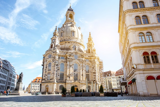 View on the main city square with famous church of Our Lady during the sunrise in Dresden city, Germany