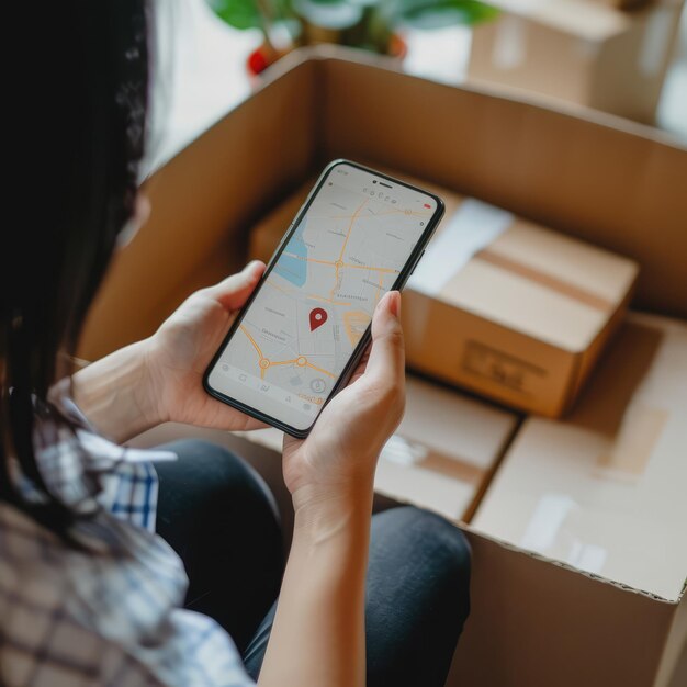 Photo view of man checking delivery details with mobile phone package delivery tracking map payment app