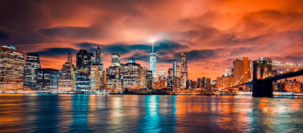 View of Manhattan at sunset, New York City.