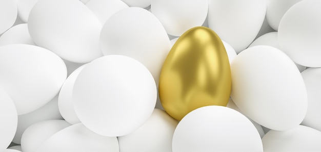 view of many white easter eggs with a golden egg on a pile. ideal for websites and magazines layouts