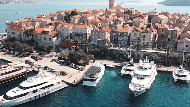 A view of the marina and the city of hvar in the background.