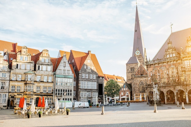 View on the Market square with city hall, old church and beautiful buildings during the morning light in Bremen city, Germany