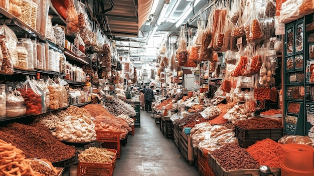 a view of a market with a man looking at the food