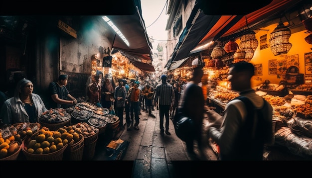 a view of a market with people walking through it