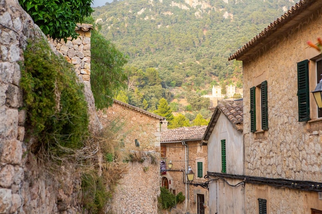 View of a medieval street of the picturesque Spanishstyle village Valdemossa in Majorca or Mallorca