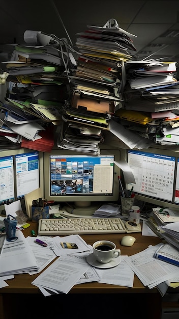 Photo view of messy office workspace with personal computer