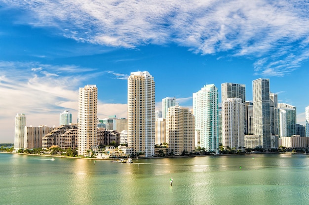 View of Miami downtown skyline at sunny and cloudy day with amazing architecture