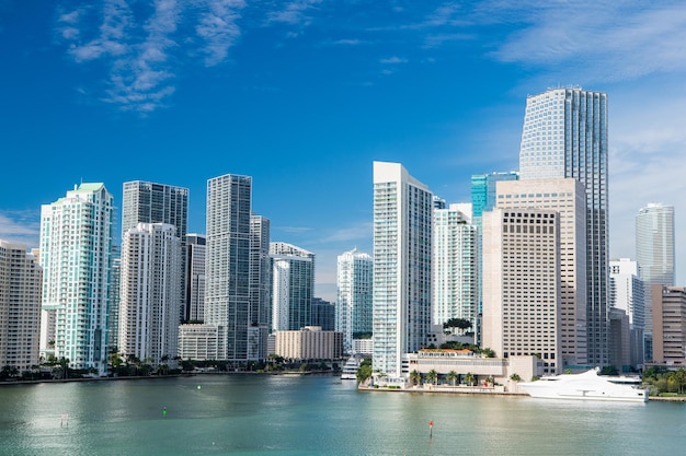 View of Miami downtown skyline at sunny and cloudy day with amazing architecture