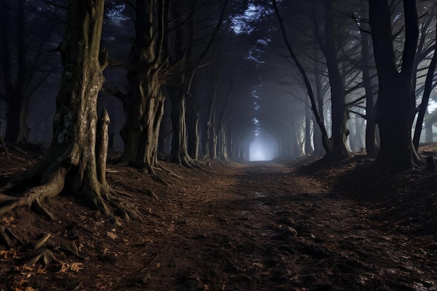 View of a misty forest at night