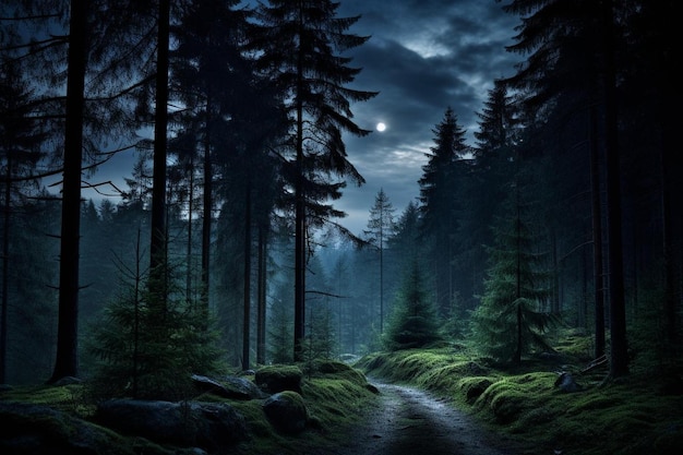 View of a misty forest at night