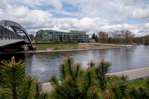 View of modern building in Vilnius city with river Neris in front