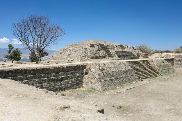 View of Monte Alban a large preColumbian archaeological site Santa Cruz Xoxocotlan Municipality Oaxaca State Mexico