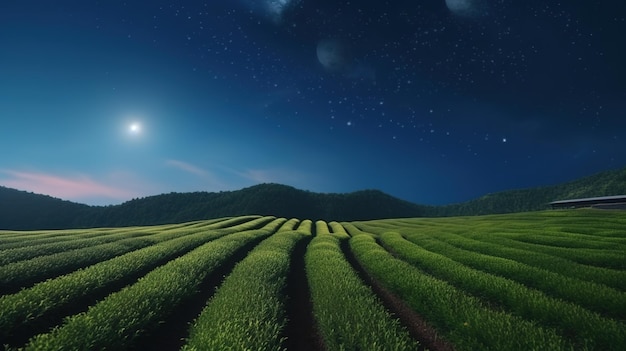 View of Moonlit Tea Fields Against the Majestic Backdrop of the Starry Night Sky Generative ai