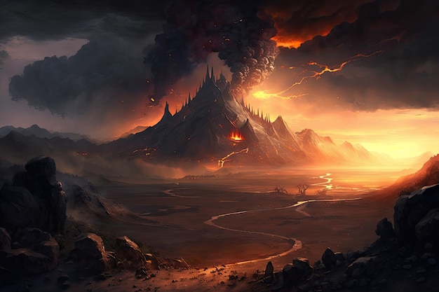 View of mordor landscape with smoke rising from fires and flames visible in the distance