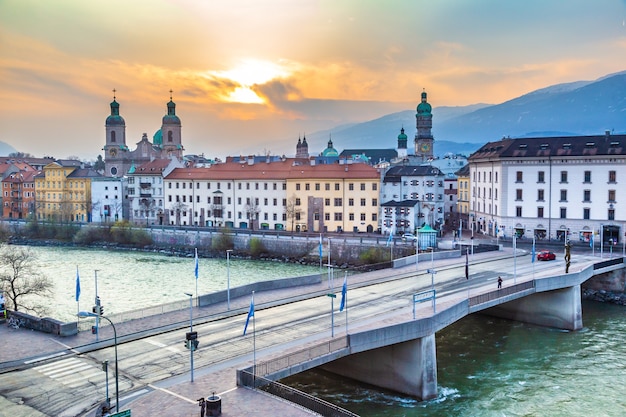 View of morning sunrise over the famous old town of Innsbruck Ausria in one quite spring morning