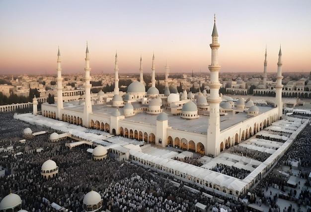 Photo a view of the mosque from above with a large crowd of people gathered around it