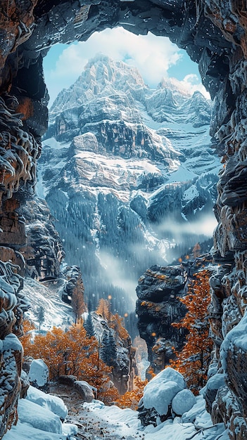 view mountain covered with snow seen from tunnel