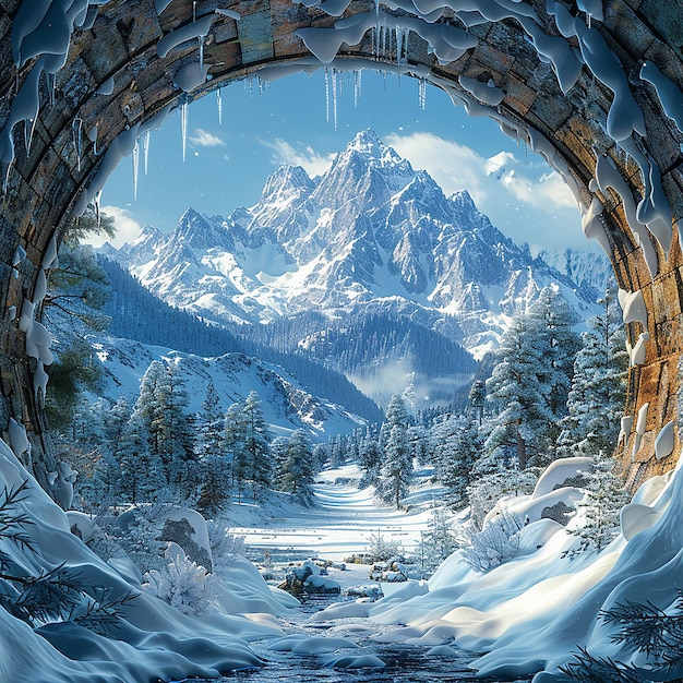 view mountain covered with snow seen from tunnel