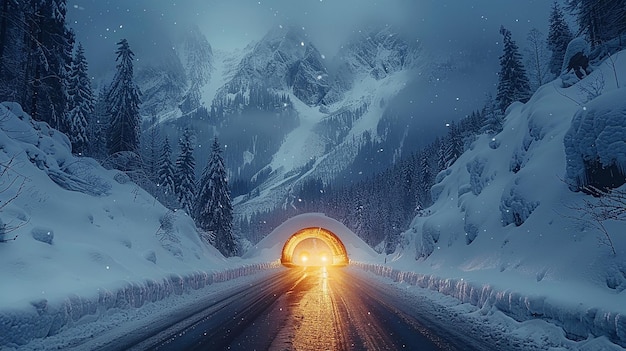 view mountain covered with snow seen from tunnel