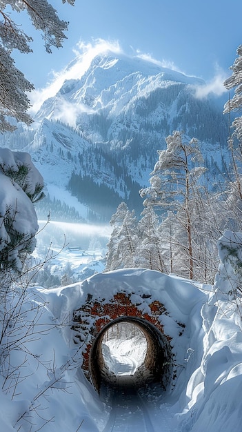 view mountain covered with snow seen from tunnel