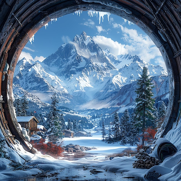 view mountain covered with snow seen from tunnel