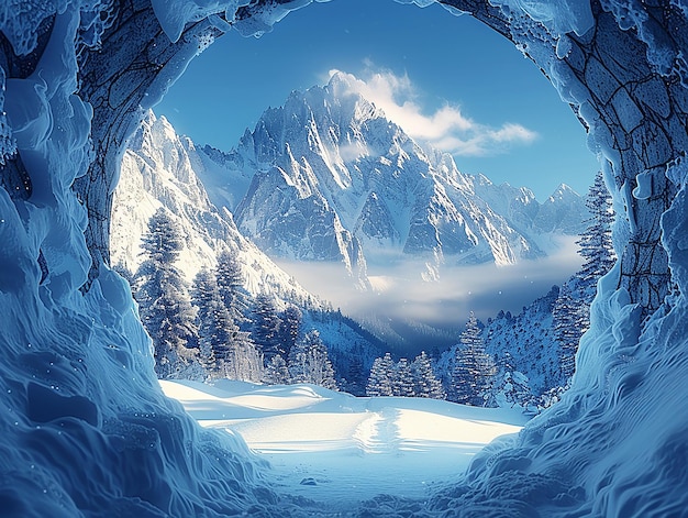 view mountain covered with snow seen from tunnel