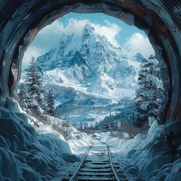 view mountain covered with snow seen from tunnel