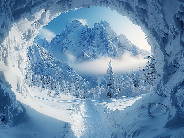 view mountain covered with snow seen from tunnel