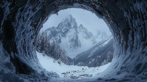 view mountain covered with snow seen from tunnel