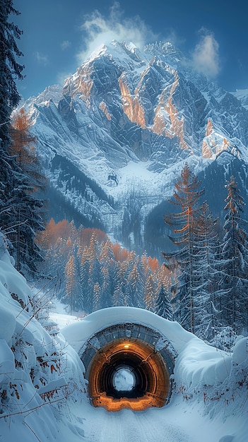 view mountain covered with snow seen from tunnel