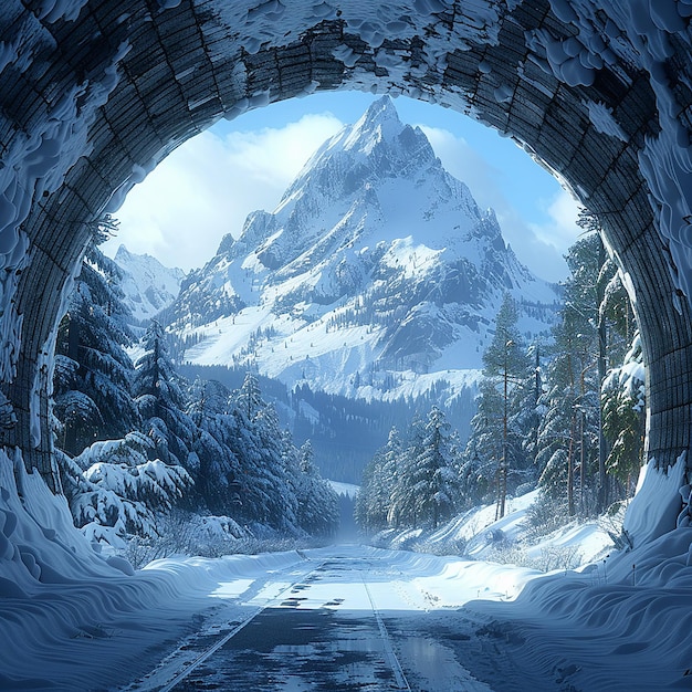 view mountain covered with snow seen from tunnel