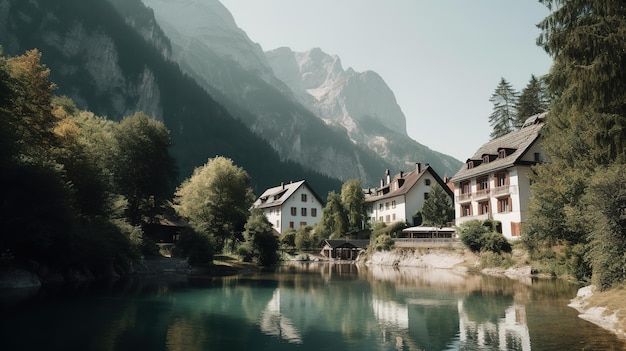 A view of a mountain lake with a mountain in the background