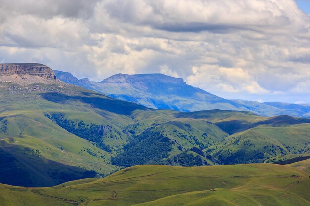 View of the mountain plateau in the clouds in the summer in the North Caucasus in Russia