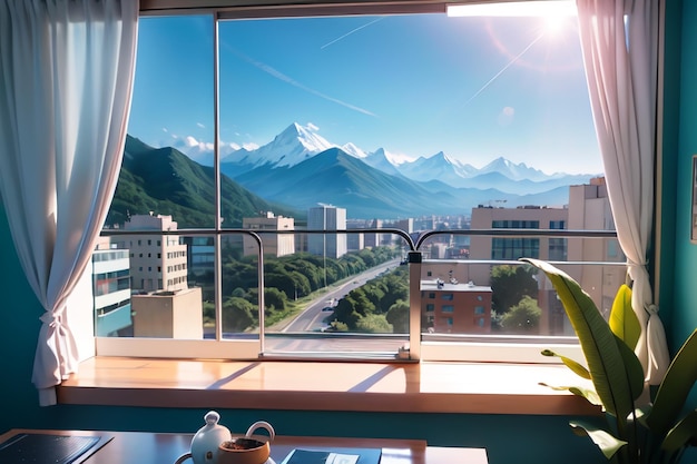 A view of a mountain range from a hotel room window.