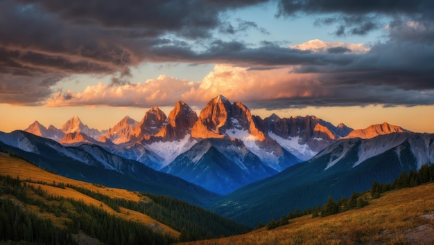 Photo view of mountain range at sunrise showcasing dramatic peaks and tranquil valley