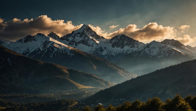 A view of a mountain range with the sun shining on it