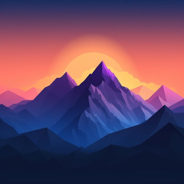 a view of a mountain range with a sunset in the background generative ai