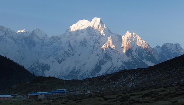 View of the mountain slopes and peaks with snow in the Himalayas in the Manaslu region at sunrise