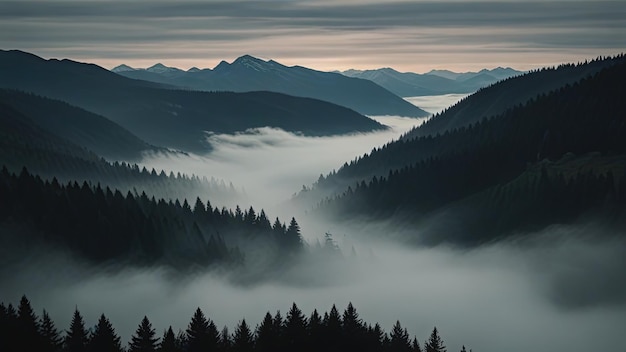 Photo a view of a mountain valley with pine trees and mountains in the background