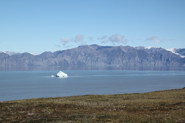 View of mountains across the bay from the community of Pond Inlet, Nunavut, Canada