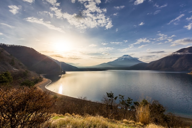 View of Mt.Fuji at sunrise from lake motosu yamanishi Japan 