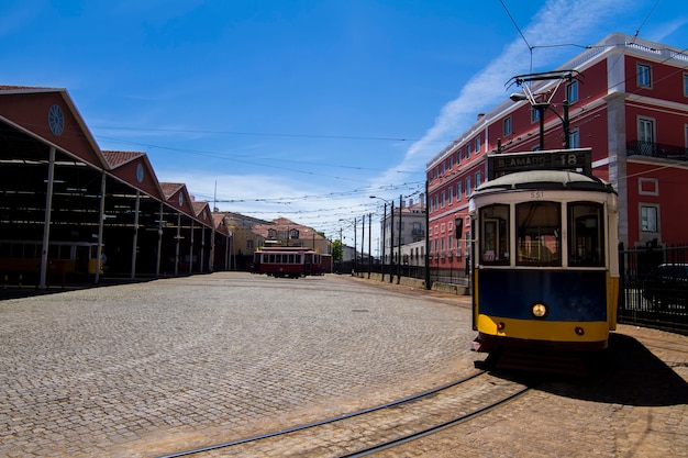 View of a museum piece of the history of electric trams in Lisbon, Portugal.