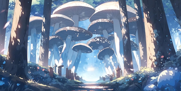 View of a mushroom forest with giant mushrooms