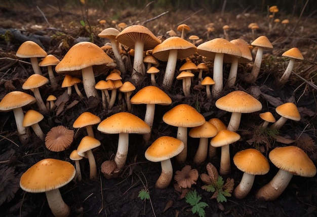 View of mushrooms growing in nature Fresh fly agaric mushroom amid spotted foliage danger