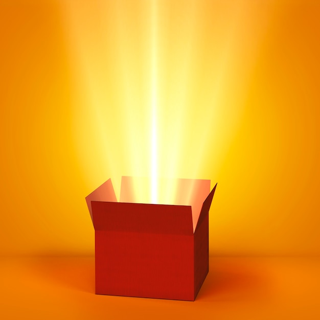 View of mystery cardboard box with gleaming light coming from inside