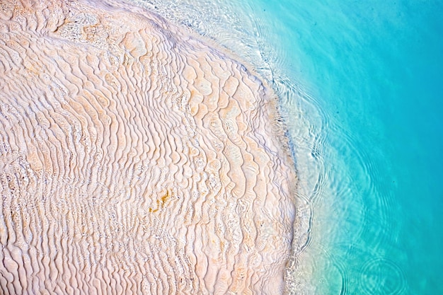 View of natural terraces in Pamukkale on a summer day Closeup texture of limestone and water flowing over it