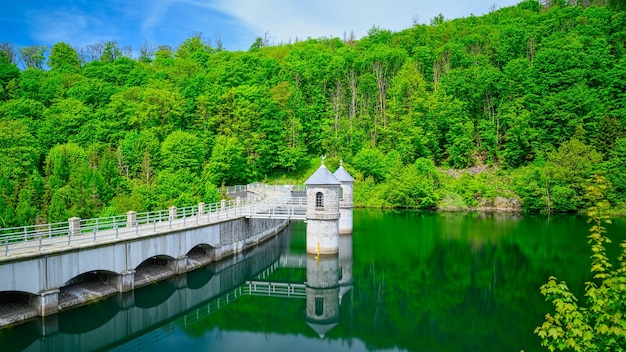 A view of the Neustadt dam in the Harz Mountains in beautiful summer weather with blue sky near Nordhausen in Germany.