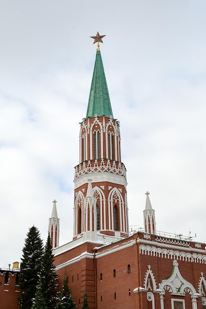 View of the Nikolskaya Tower of the Moscow Kremlin Tower against the background of clouds February 11 2022 Moscow Russia