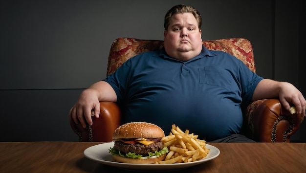 A view of an obese man sitting in an armchair with a huge sandwich on a small table in front of him