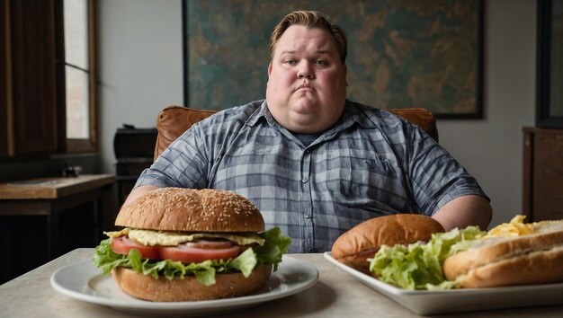 A view of an obese man sitting in an armchair with a huge sandwich on a small table in front of him